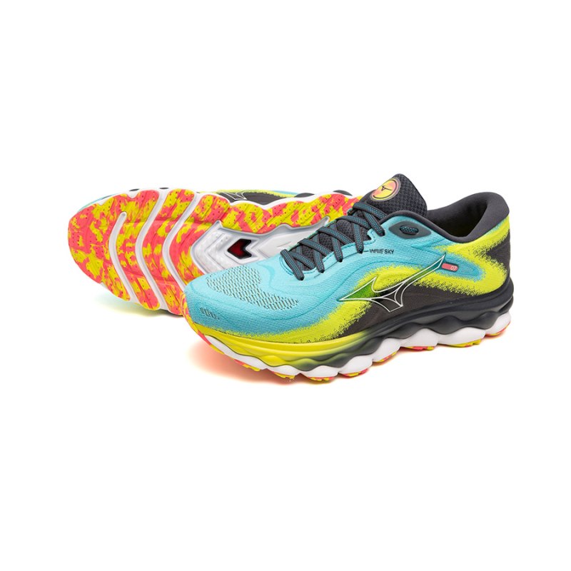 Mizuno WAVE Sky 7 Blauw Wit Geel | NQEZ0051